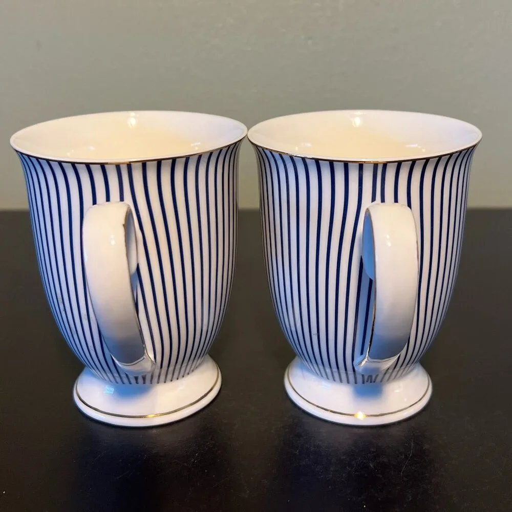 Grace’s Teaware Navy Blue White Pinstripe Gold Footed Coffee Mugs Set of 2